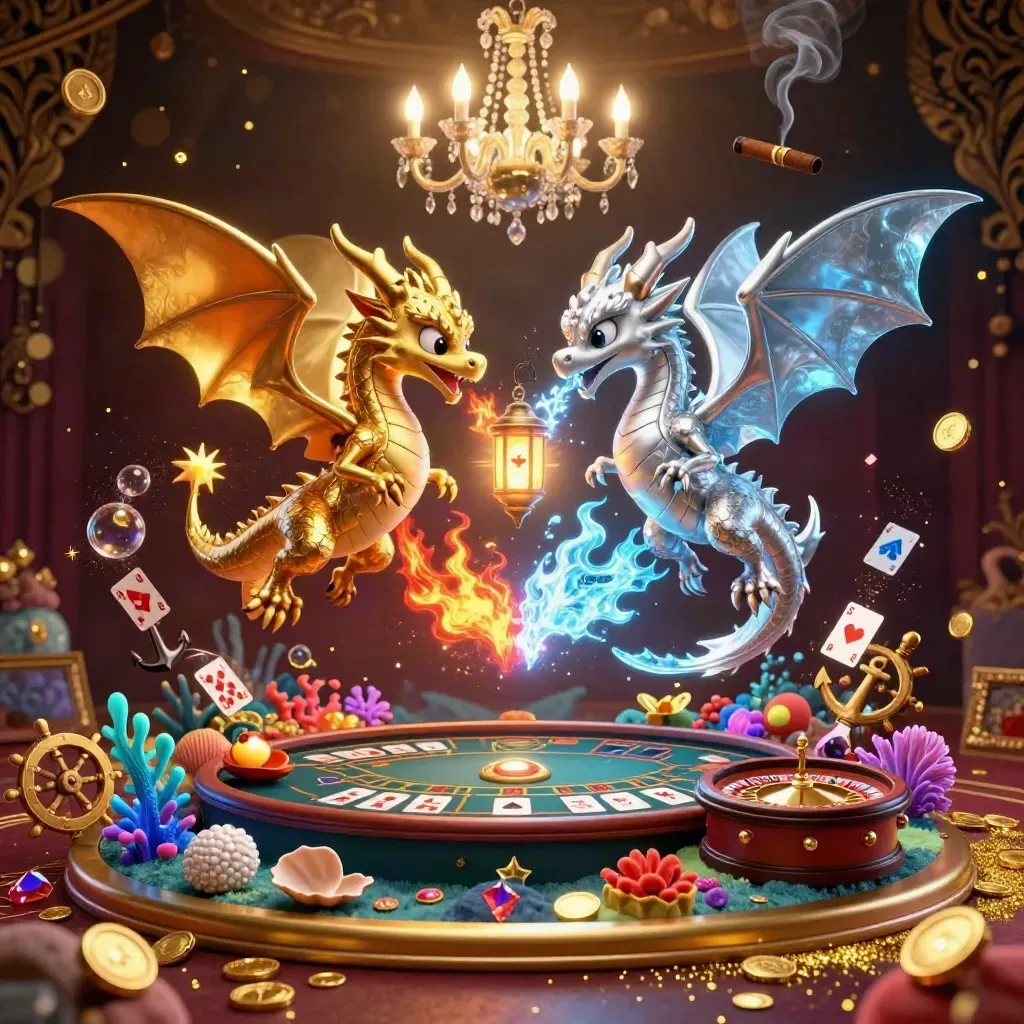 Gold and silver dragons spiral over casino treasure cove with glowing cards and chandelier light.