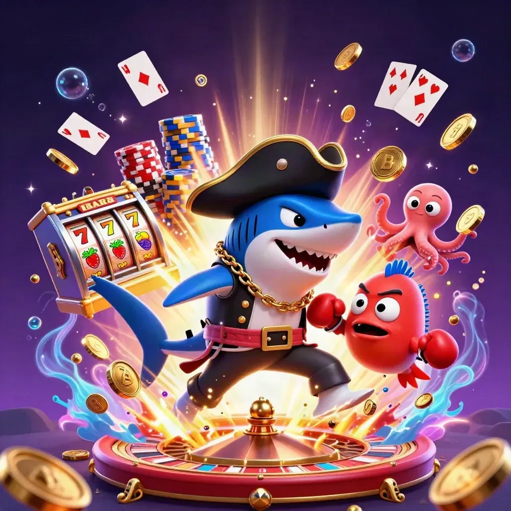 Shark pirate, boxing pufferfish, and juggling baby octopus amid coins, cards, chips, and neon casino glow