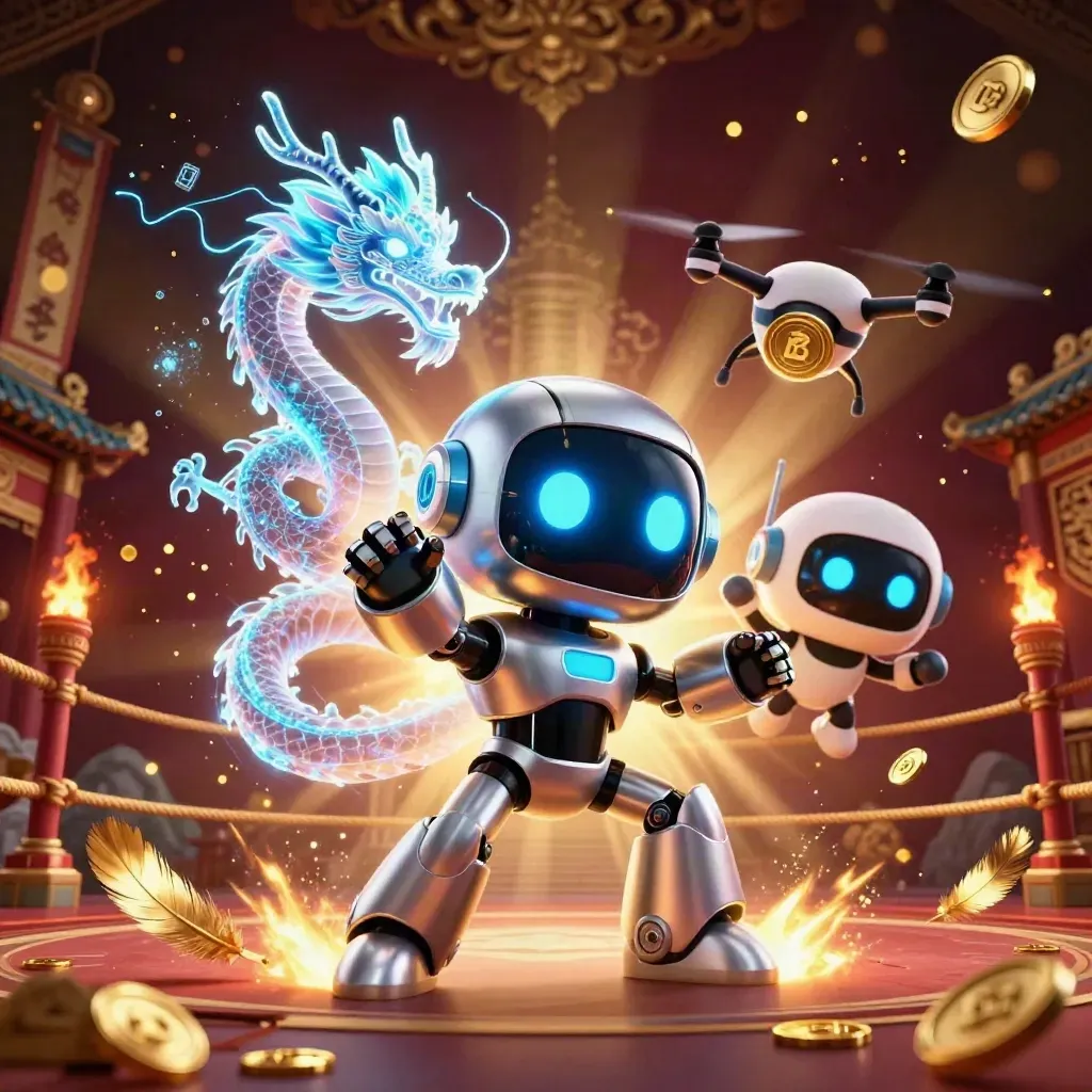 Cyberpunk robot, holographic dragon and drone amid coins, feathers, temple gate and blue glow.