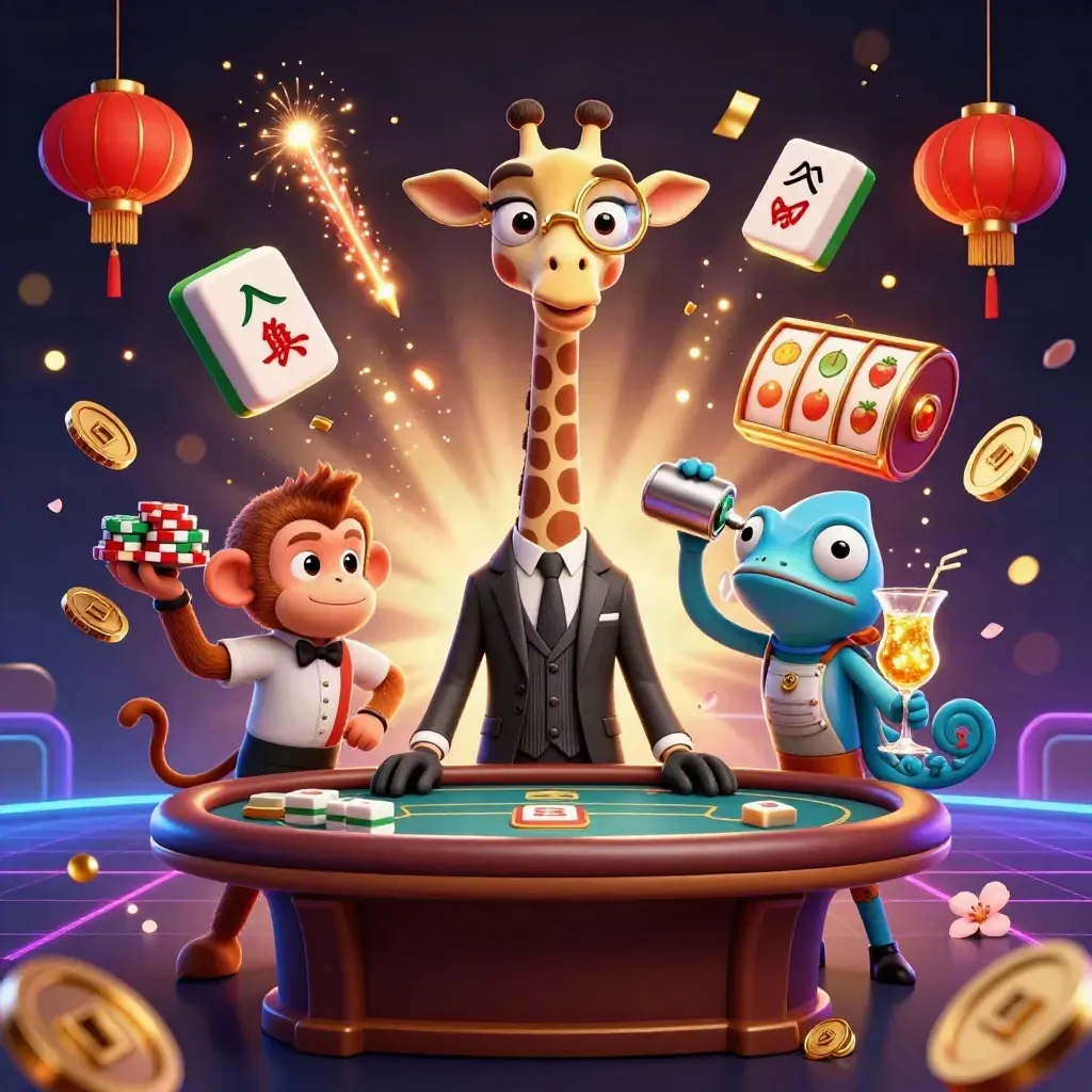 Giraffe, monkey, and chameleon at a glowing casino table with chips and floating tiles.
