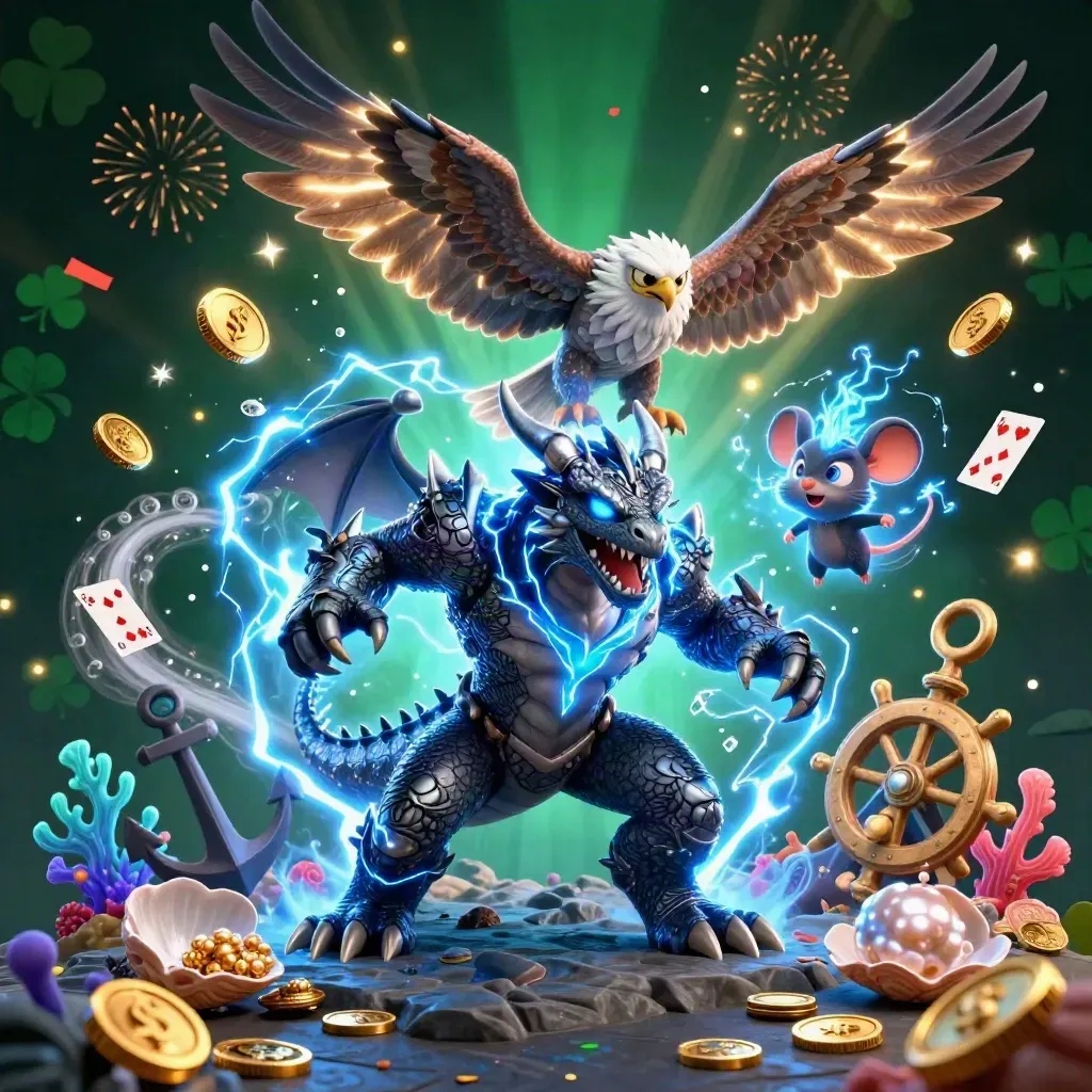Thunder dragon, glowing hawk and static mouse over a treasure cove in electric-blue casino key art