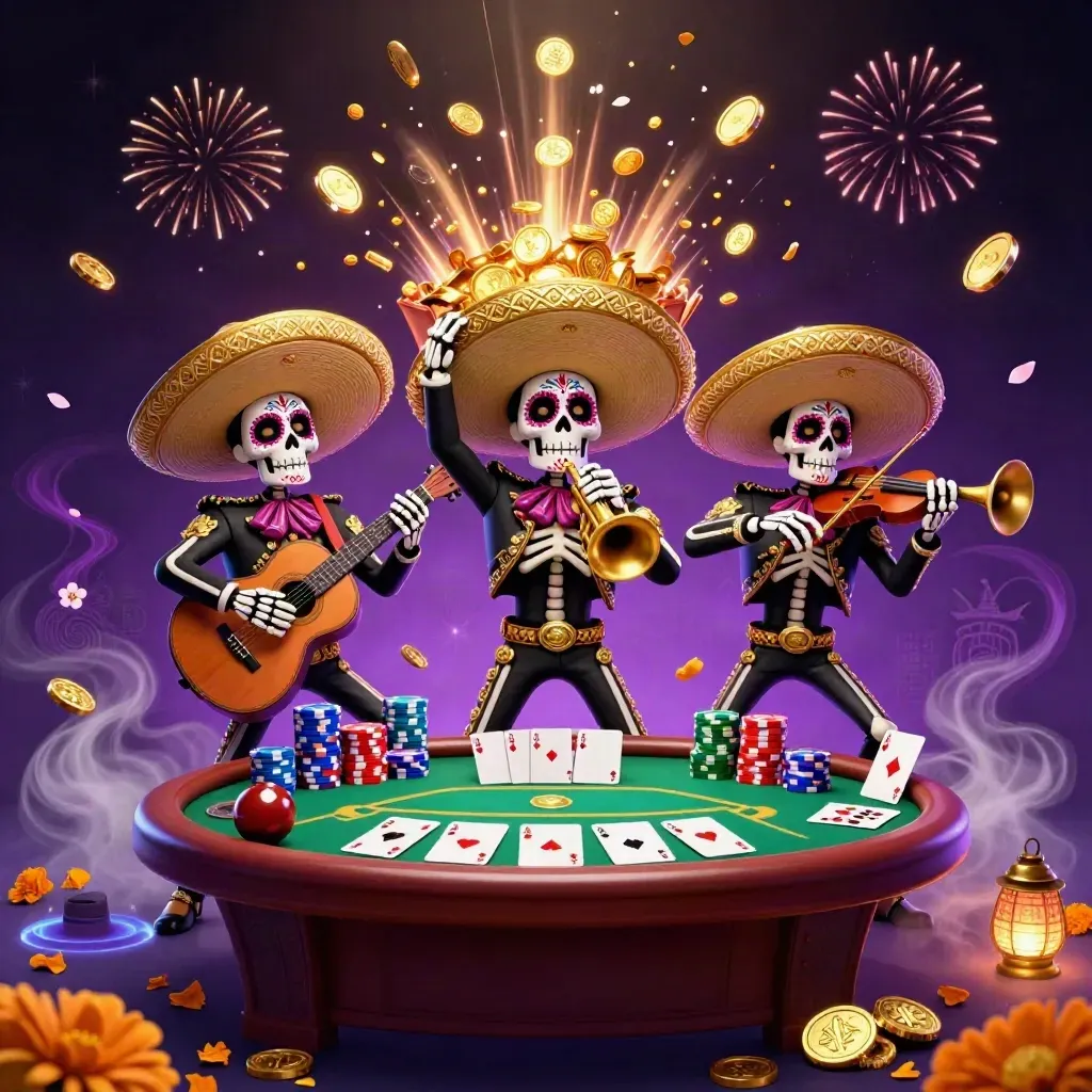 Day-of-the-Dead skeleton mariachi trio amid coins, chips, cards and purple casino fireworks.