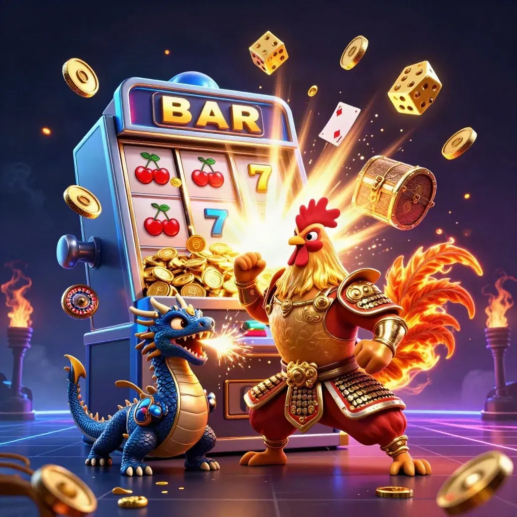 Rooster warrior, dragon hatchling, and fortune-cat amid exploding coins, slot symbols, and jackpot rays.
