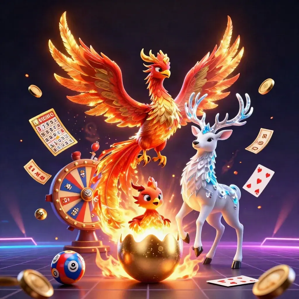 Phoenix, baby phoenix, and crystal stag amid coins, lottery balls, wheel, and embers