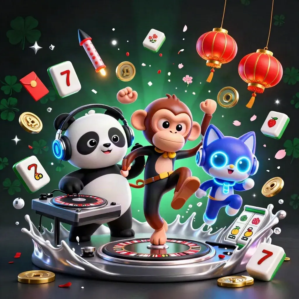 DJ panda, monkey and rave kitten in a neon casino burst with reels, coins and fireworks.