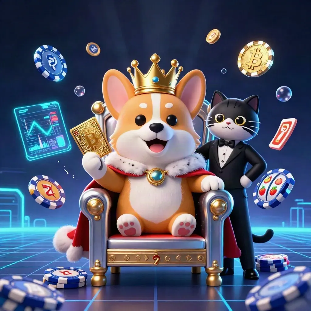 Royal corgi and cat butler on glowing poker chips amid crypto coins and electric-blue casino effects.