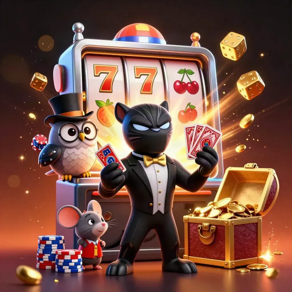 Panther dealer, owl with chips, and mouse amid a bursting slot machine and gold in dark blue glow