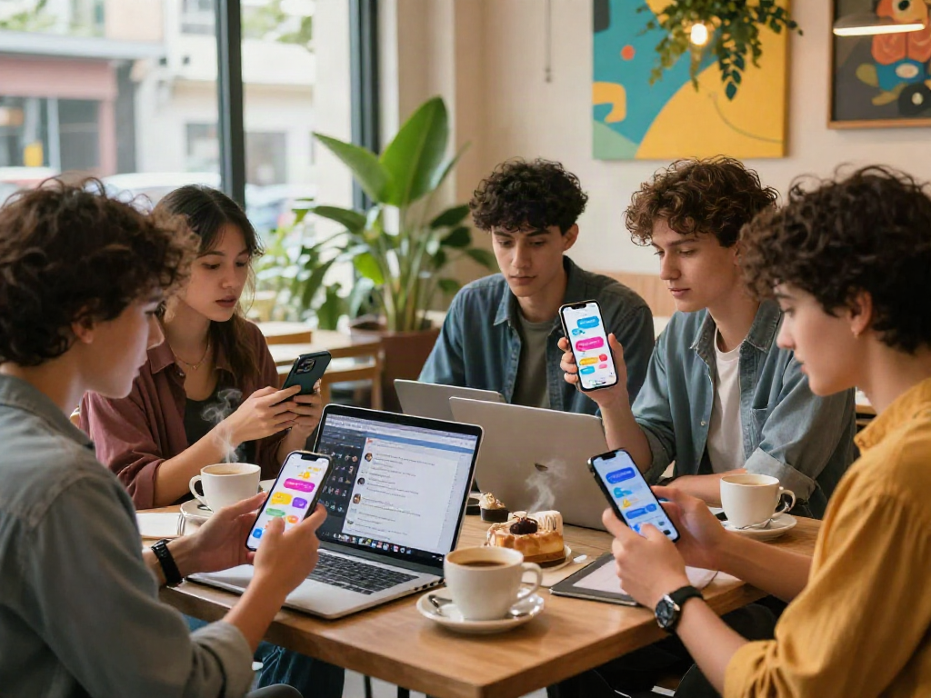 Youthful group discussing spicychat in a lively cafe setting, showcasing smartphones and vibrant communication.