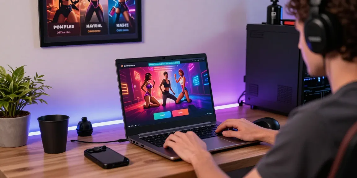 Engaging scene of a player exploring interactive porn games HTML in a modern home office.