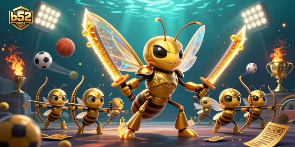 Engage with the vibrant b52clubz casino scene featuring a golden hornet samurai and sports elements.