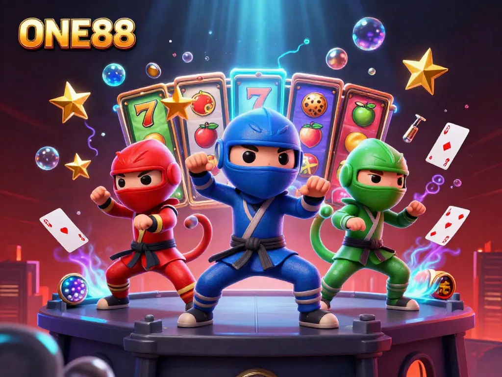 Engage in high-stakes gaming action with ONE88's vibrant chameleon characters amid lively casino elements.