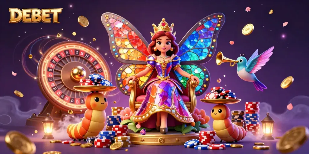 Experience the magic of DEBET casino, featuring a butterfly queen and vibrant casino elements in a dazzling 3D world.