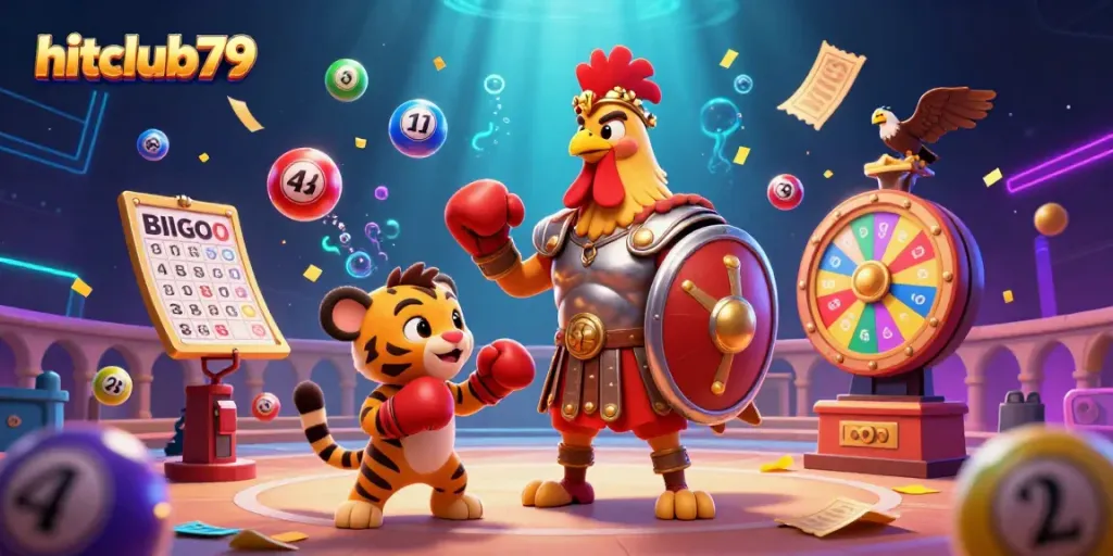 Join hitclub79 in an action-packed scene featuring a gladiator rooster and vibrant gambling elements.