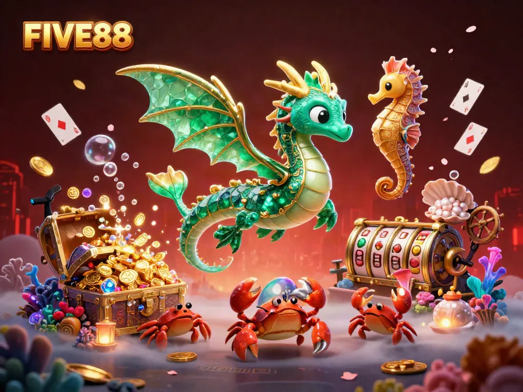 Engage in FIVE88 gaming with a sea dragon and treasure, exploring vibrant casino realms.