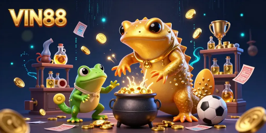 Bet and win with VIN88, showcasing a dynamic scene with vibrant characters in a sports-themed gambling environment.