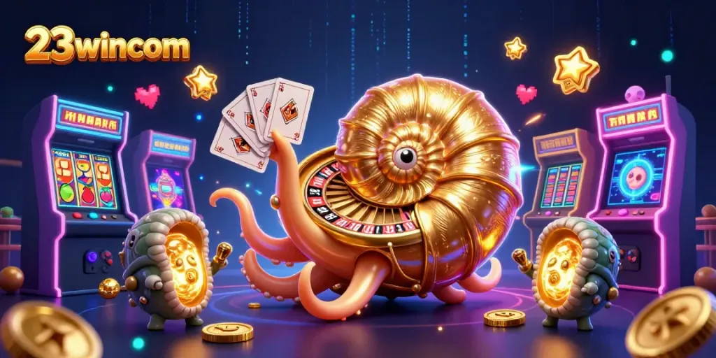 Engage with 23wincom in a vibrant casino scene combining classic slots and arcade elements.