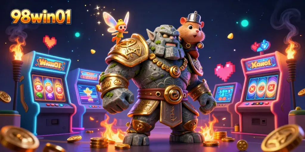 Engage with 98win01 slot games featuring a magical golem, fairy, and knight in captivating 3D illustration.
