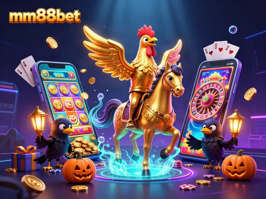Experience mm88bet's thrilling casino adventures with a golden rooster and spectral horse.