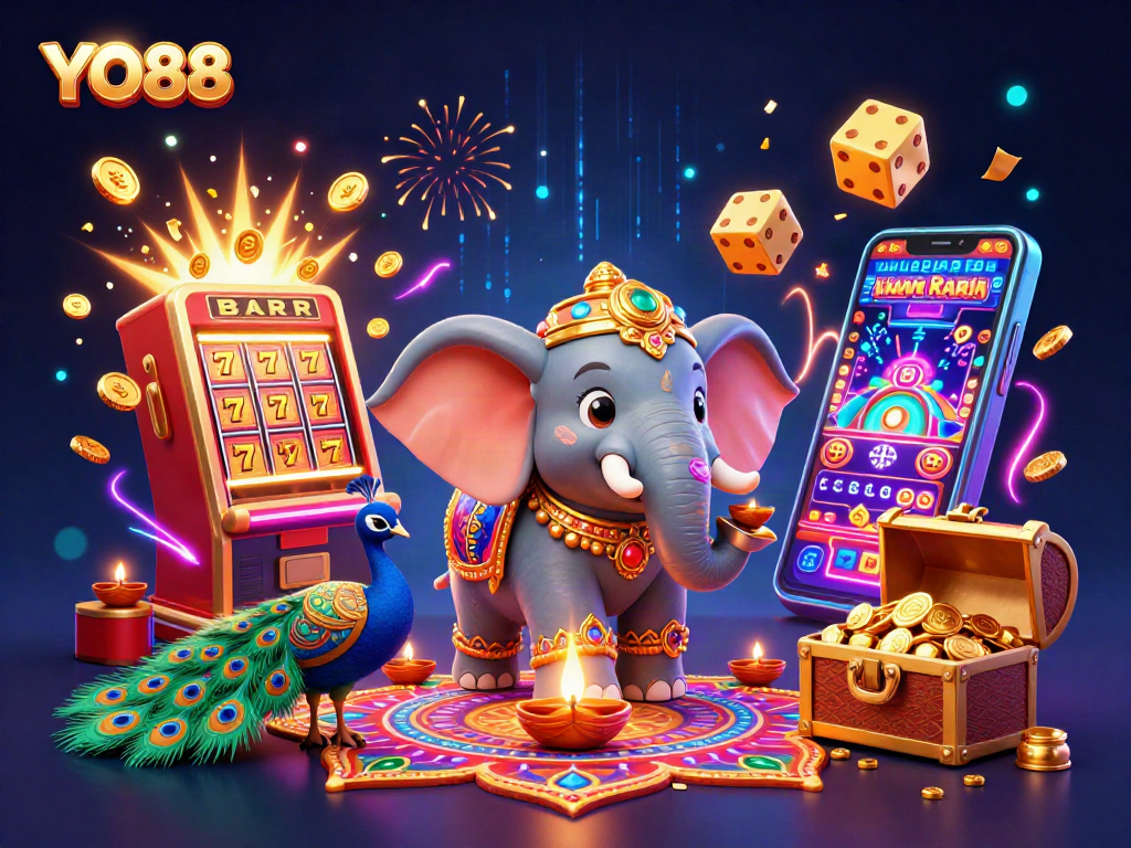 Experience the thrilling YO88 casino adventure with vibrant 3D elements and festive characters.
