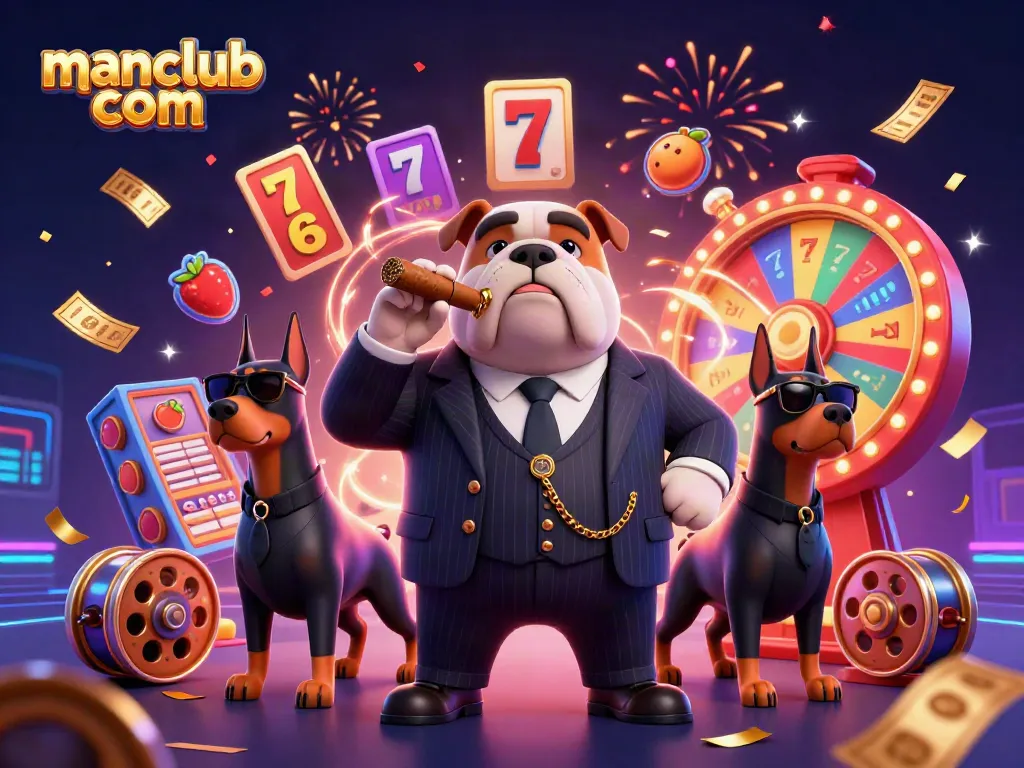 Experience thrilling gameplay with manclub com as the mafia boss and bodyguards celebrate wins in a vibrant casino scene.