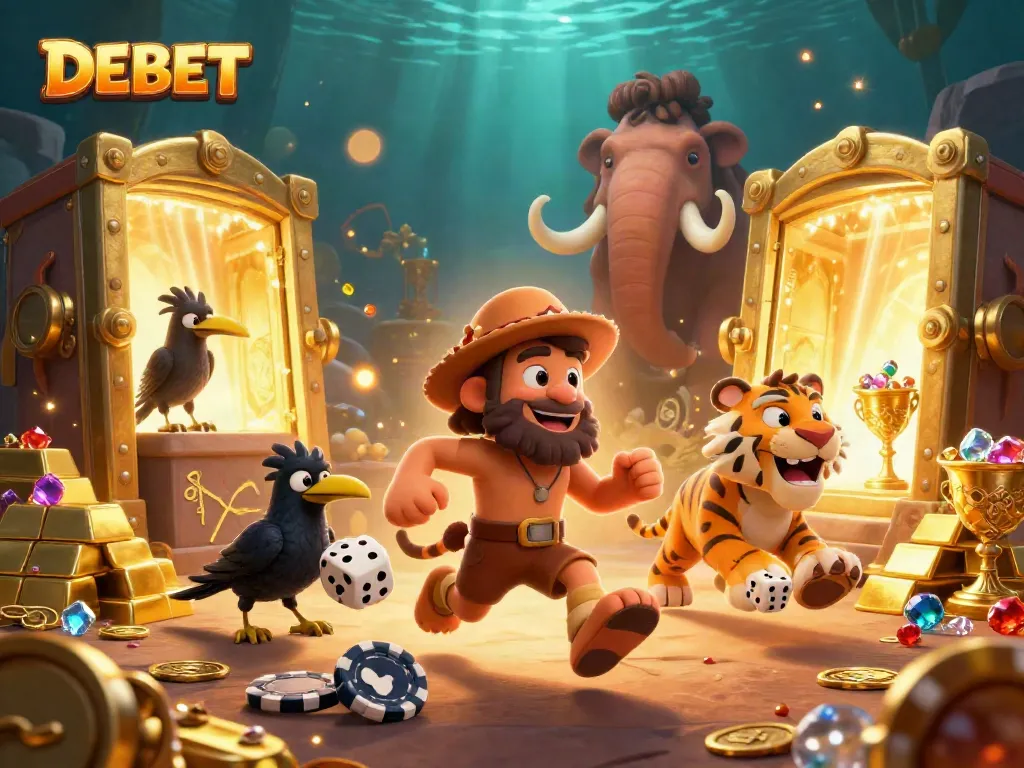 Experience DEBET's prehistoric casino with lively characters, golden treasures, and vibrant atmosphere.