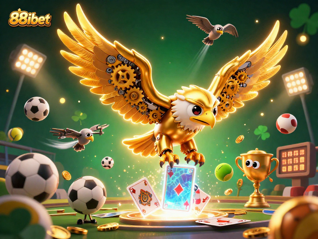 Experience thrilling moments at 88ibet with a golden eagle soaring through holographic cards and dynamic sports elements.