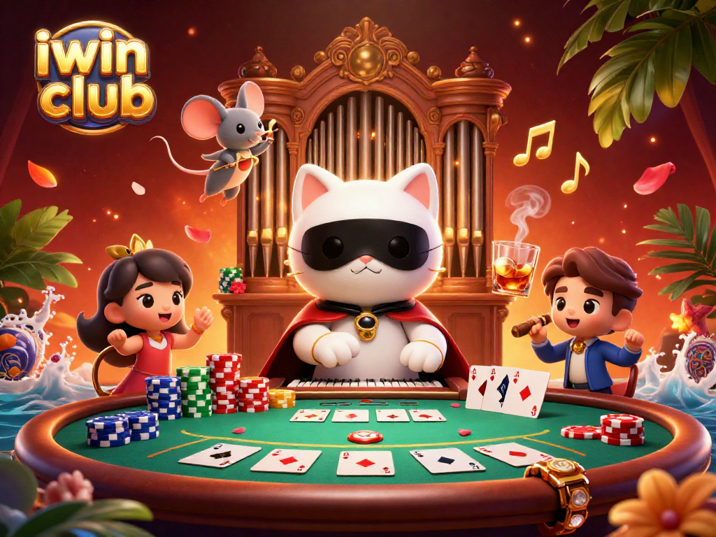 Win big at iwin club with a vibrant casino scene featuring a playful cat and mouse acrobat.
