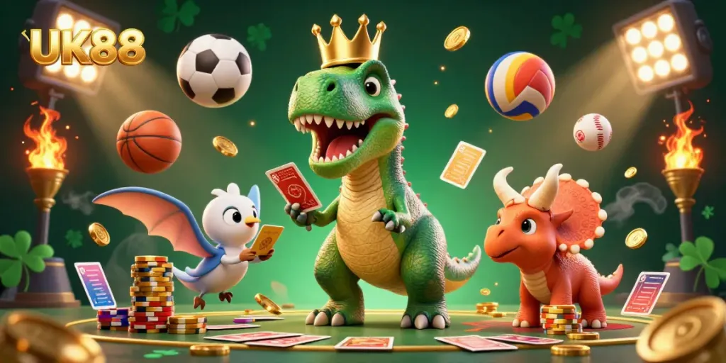 Engage in exhilarating bets at UK88 with a playful T-Rex and friends among sports scenes.