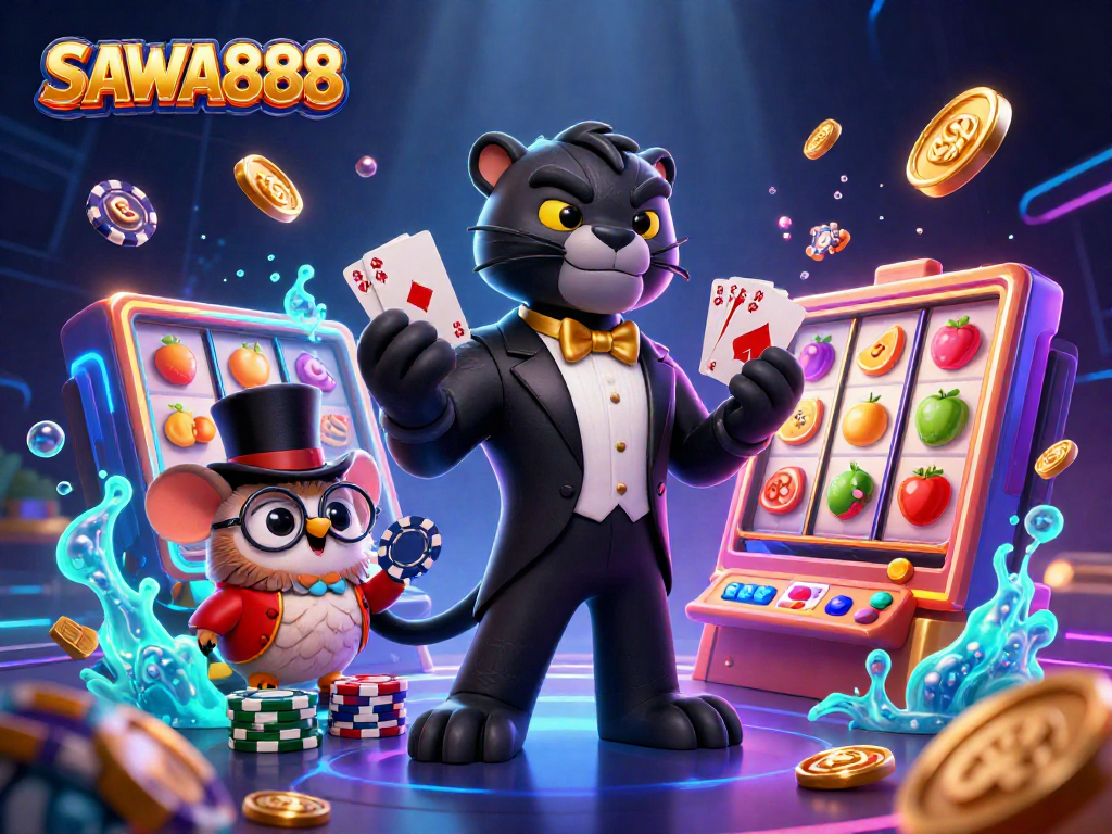 Experience thrilling gameplay with SAWA888 featuring vibrant slot reels, a stylish black panther, and enchanting casino elements.
