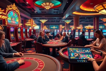 Players enjoying an exhilarating game night at http://vt88.co/, featuring poker, blackjack, and vibrant slot machines.
