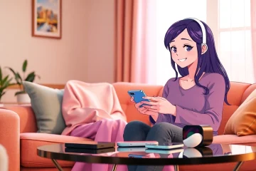 AI girlfriend interacting with a user in a cozy living room, showcasing digital companionship.