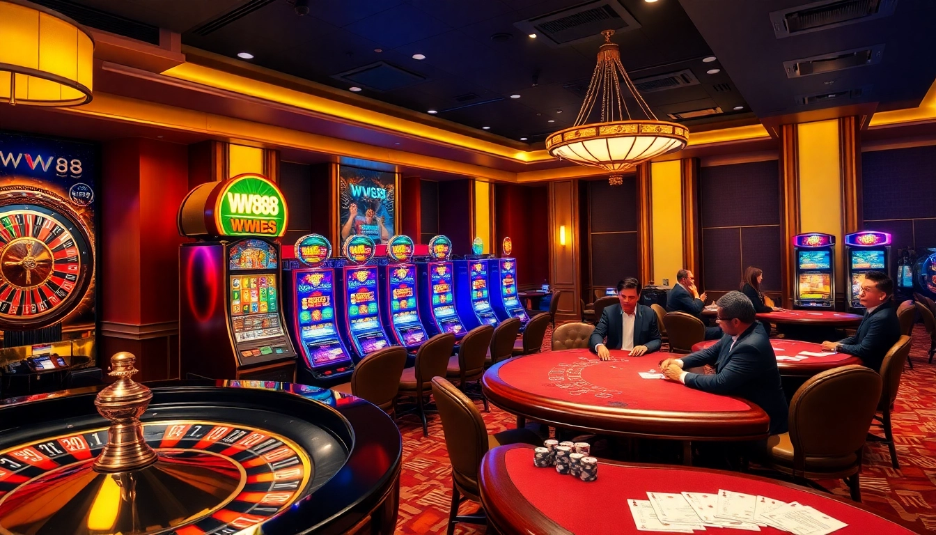 Exciting gameplay at WW88 casino featuring roulette, poker tables, and vibrant slot machines.
