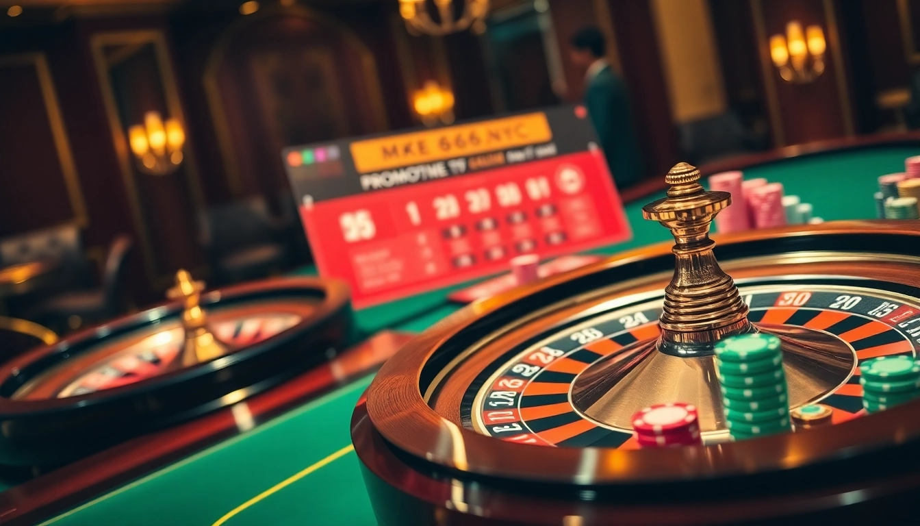 Experience thrilling gaming at mb66.nyc with vibrant casino elements, roulette wheels, and poker chips.