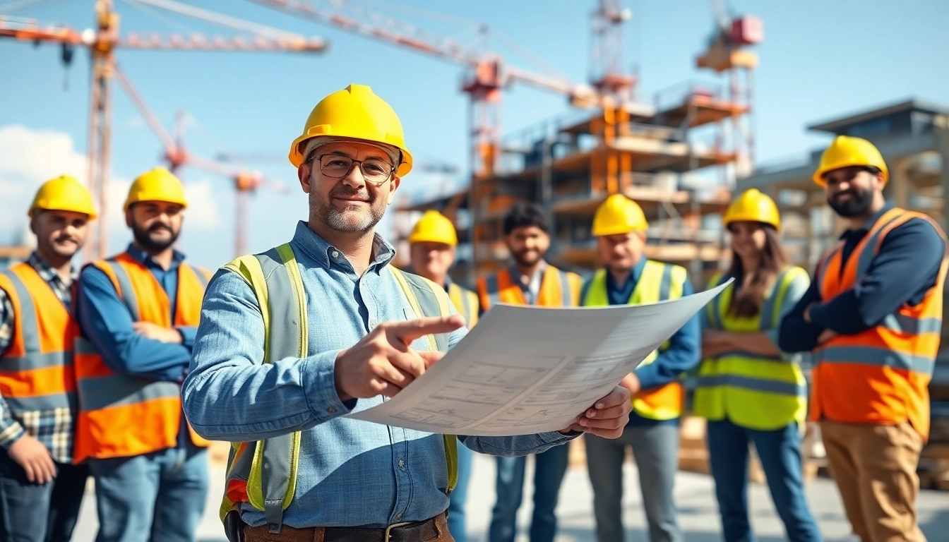 New York General Contractor leading a diverse team at a bustling construction site.