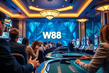 W88.nyc gaming scene with players enjoying Baccarat and Blackjack in a vibrant online casino.