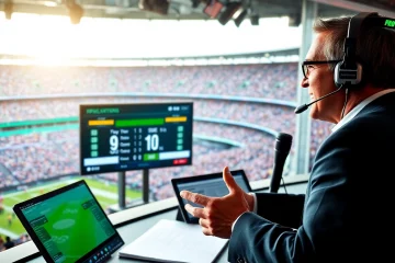 Engaging sports broadcasting scene with an announcer delivering live commentary amid a bustling stadium environment.