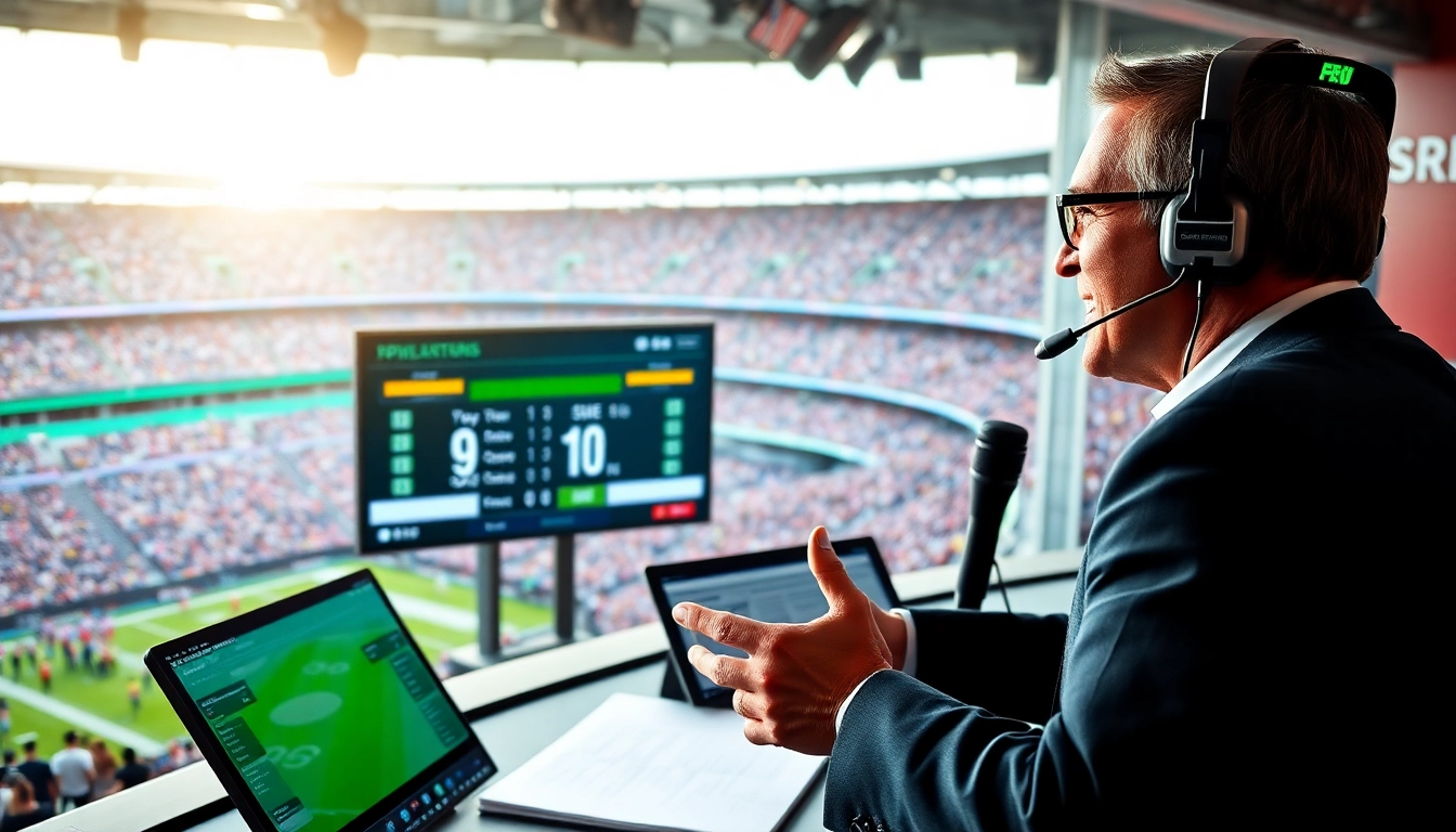 Engaging sports broadcasting scene with an announcer delivering live commentary amid a bustling stadium environment.
