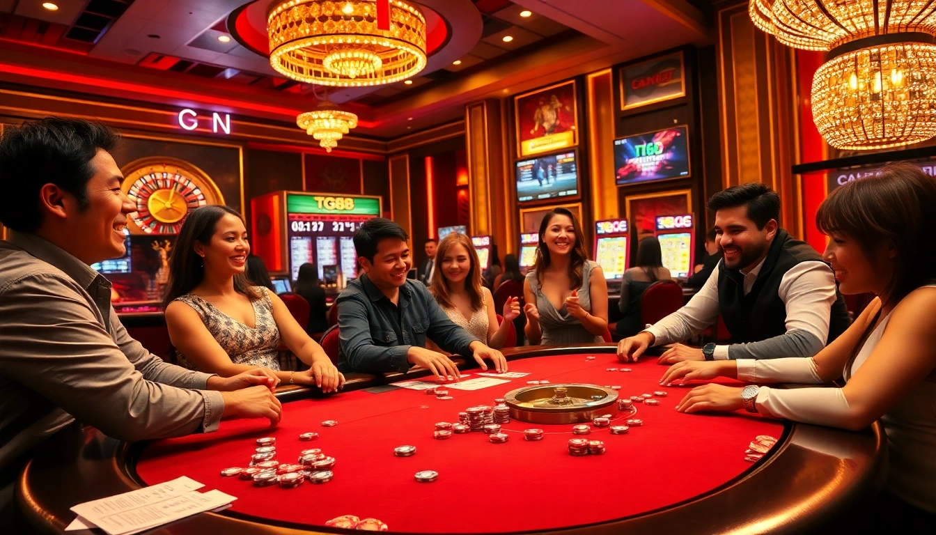 Excitement in a TG88 casino scene with poker players and a spinning roulette wheel.