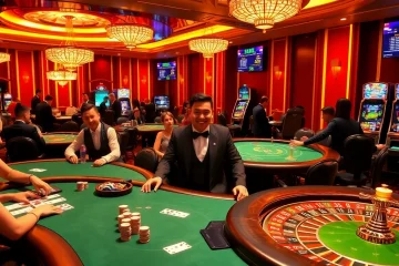 Players enjoying a thrilling game at dom88.us.com, featuring vibrant casino tables and smiling dealers.