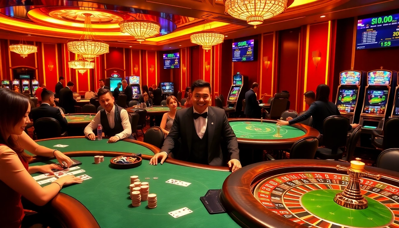 Players enjoying a thrilling game at dom88.us.com, featuring vibrant casino tables and smiling dealers.