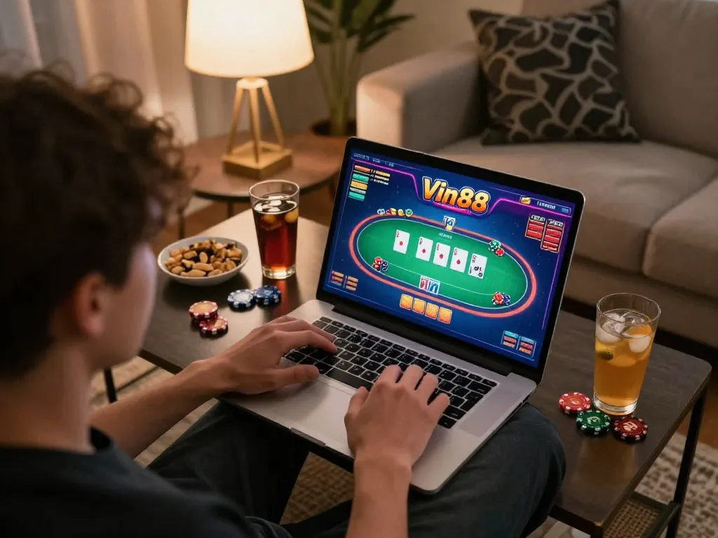 Engaging online poker game on Vin88's platform featuring dynamic gameplay in a cozy home setting