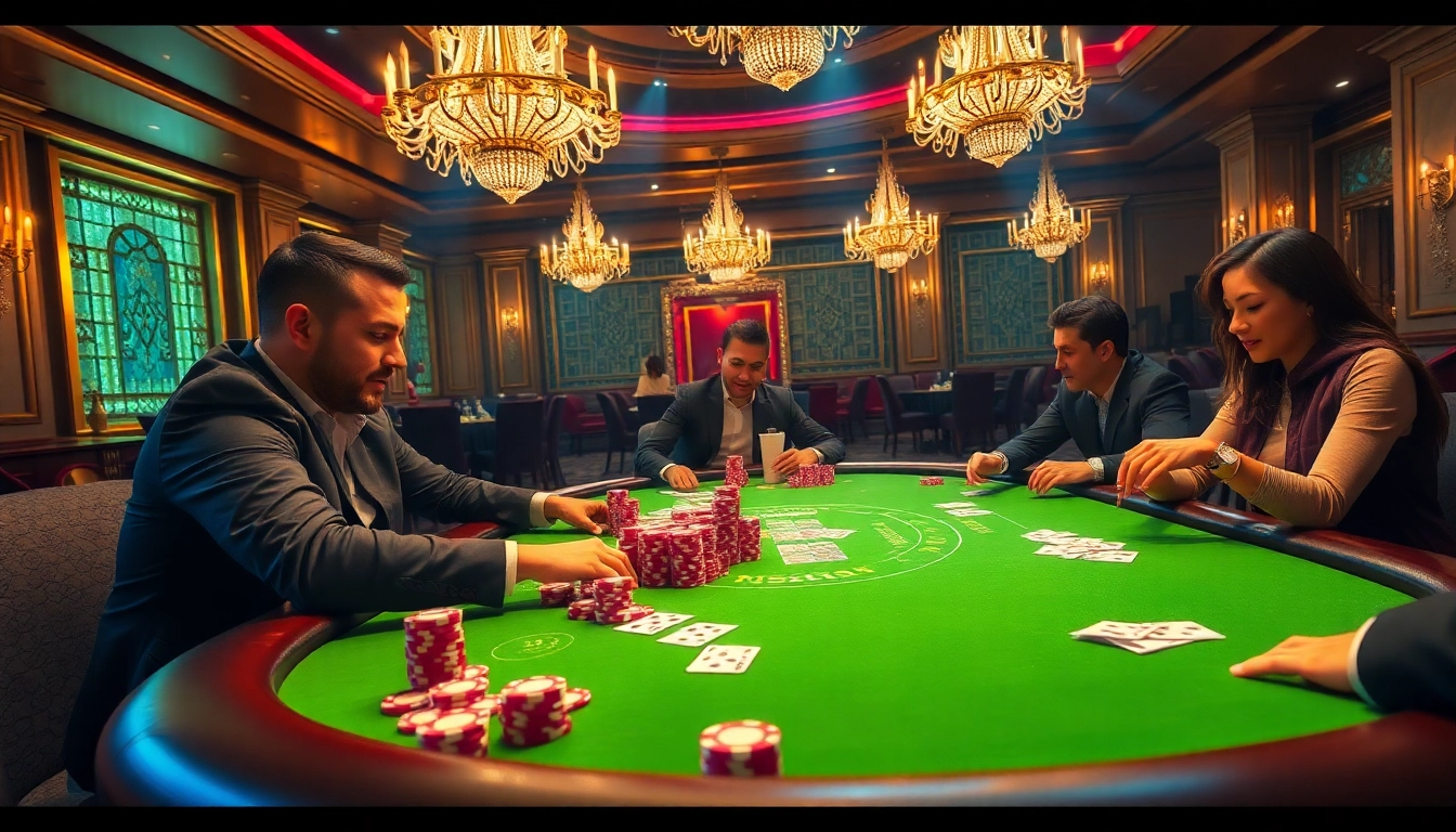 Engaged players enjoying a game at a Shbet poker table in a luxurious casino setting.