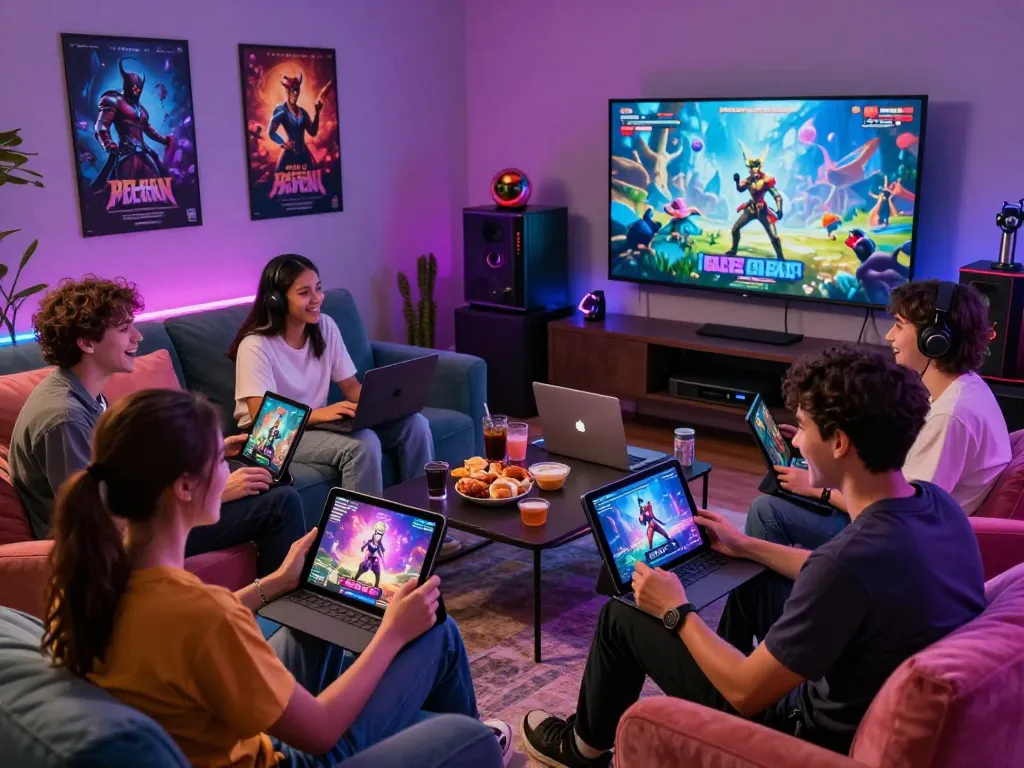 Group of young adults enjoying immersive sex games together in a lively gaming setting.