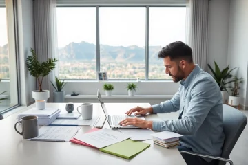 Register Utah LLC: Entrepreneur registering an LLC in a Utah office, showcasing professionalism and organization.