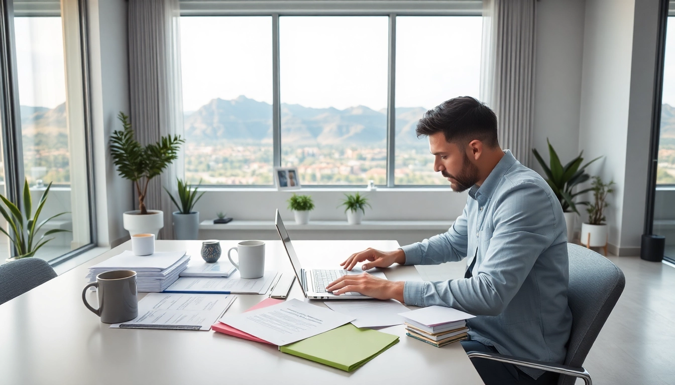 Register Utah LLC: Entrepreneur registering an LLC in a Utah office, showcasing professionalism and organization.