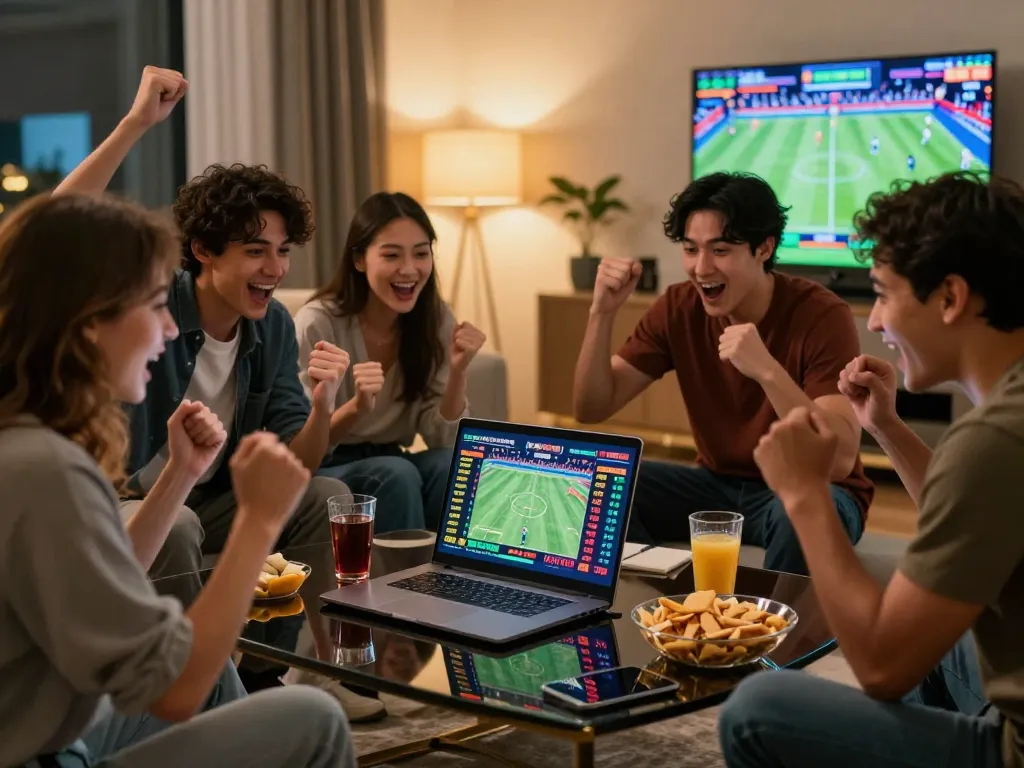 Friends enjoying online sports betting on https://rikbet.in.net/ in a vibrant living room.