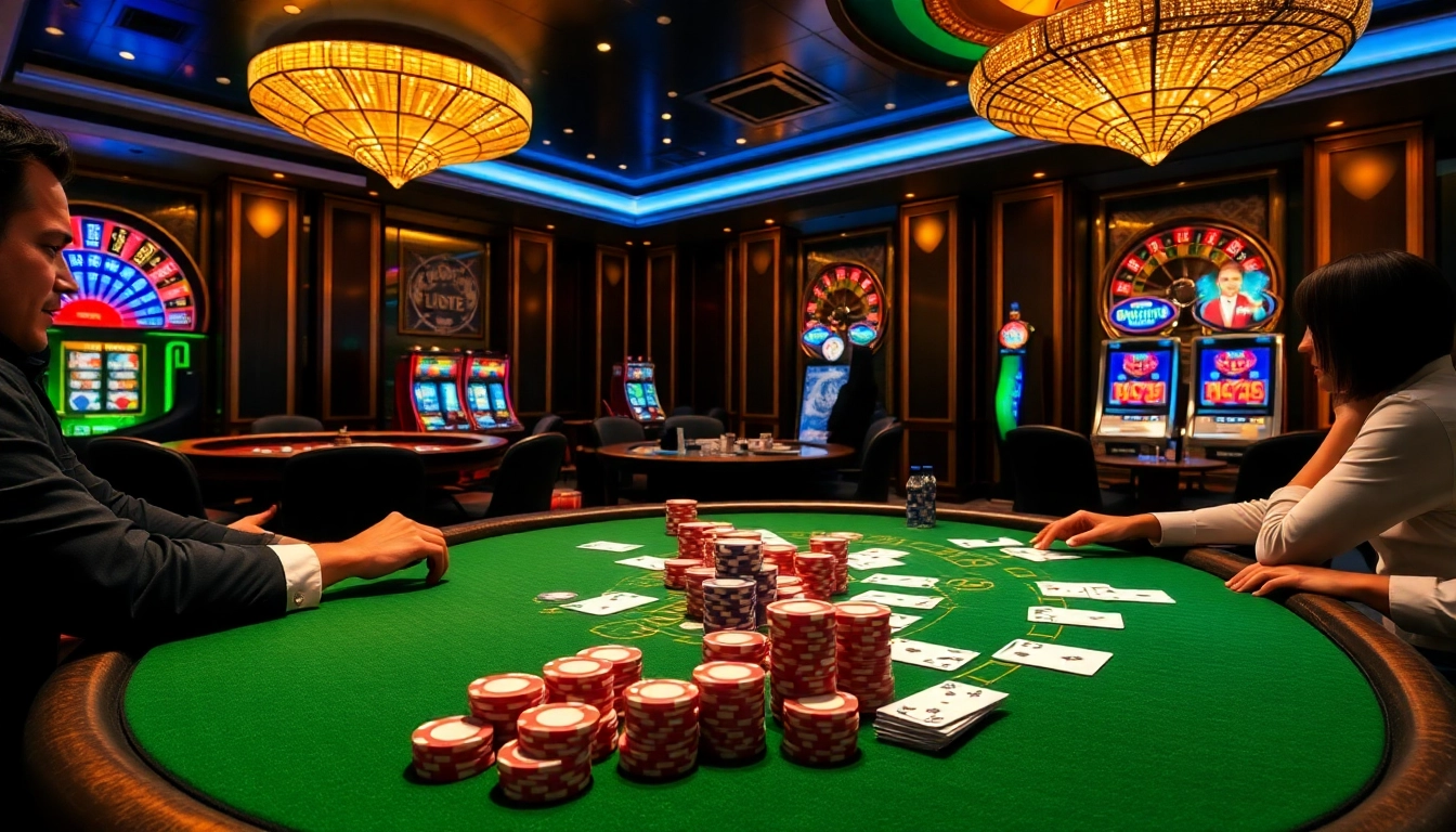 Players enjoying an intense poker game at the cm888 casino with vibrant chips and elegance.