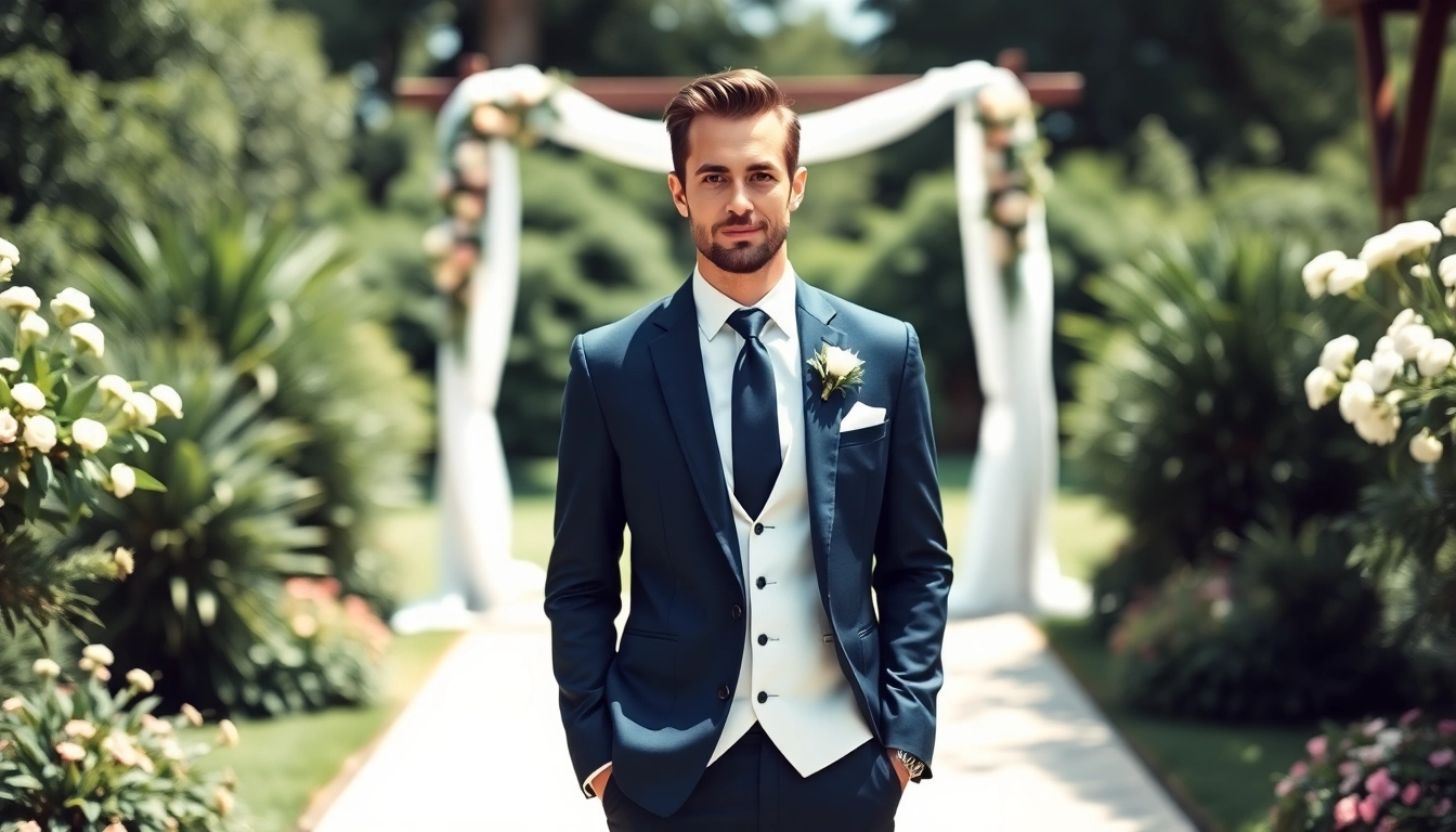 Elegant groom wearing designer menswear at an outdoor wedding surrounded by greenery.