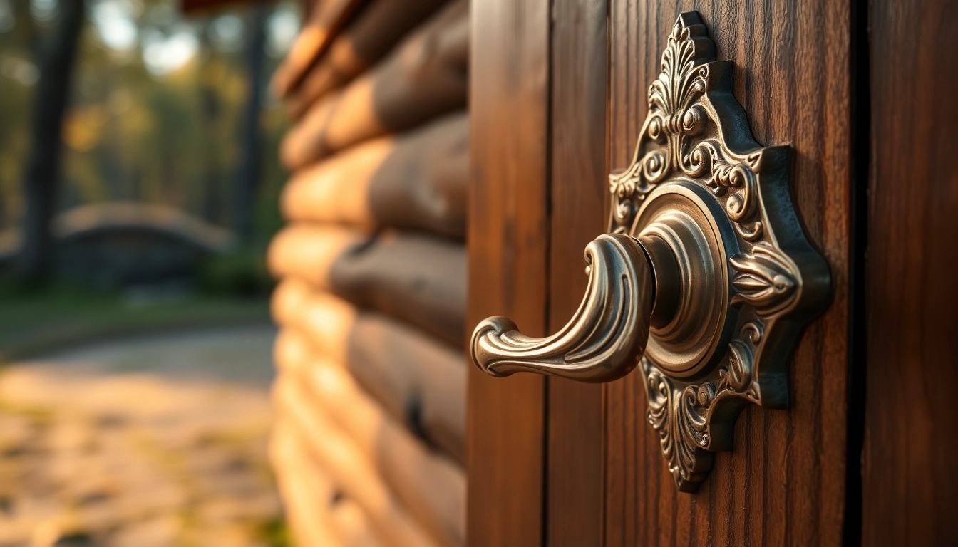 Admire the intricate details of a stunning door handle against a rustic wooden backdrop.