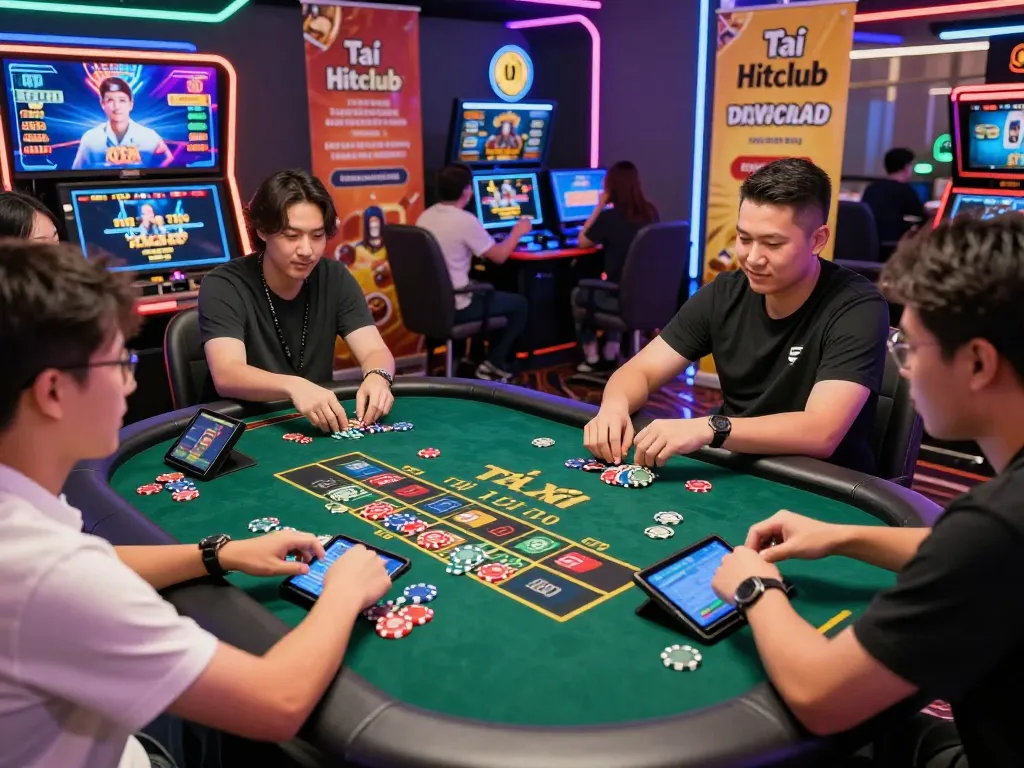 Tải hitclub online gaming table with players enjoying Tài Xỉu in a lively casino atmosphere.